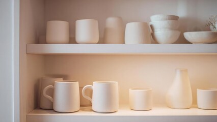 White ceramic dishware on a shelf: mugs, cups, bowls, and vases in a minimalist display. Concept Minimalist White Ceramics, Ceramic Dishware Display, Shelf Decor with Mugs and Bowls