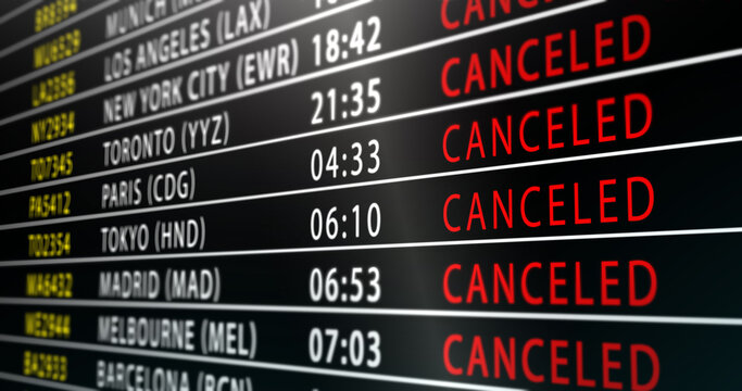 International airport departure board filled with cancelled long haul flights to major cities, bold red cancellation messages conveying disruption, uncertainty, and large scale transportation failure.