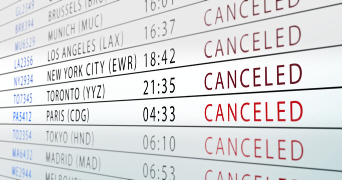 Airport arrivals board displaying multiple canceled flights in red text, representing travel disruption, airline delays, global transport issues, logistics failure, and passenger frustration.