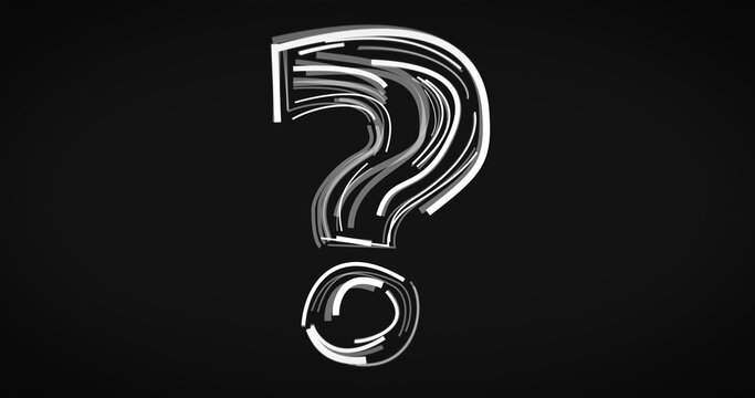 Stylized animated question mark made of layered motion lines on a dark background, representing questions, exploration, curiosity, innovation, creative thinking, and abstract visual communication