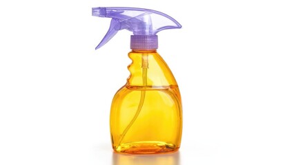 A plastic spray bottle filled with yellow liquid, with a purple spray nozzle. Concept Yellow liquid spray bottle, Purple spray nozzle, Plastic household item, Bright color contrast