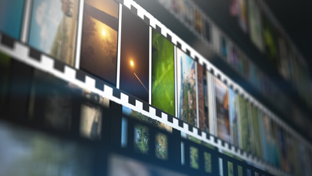 Dynamic vintage film strip collage showing multiple photographic frames in perspective, symbolizing media archives, storytelling, visual memory, analog cinema history, and creative content production