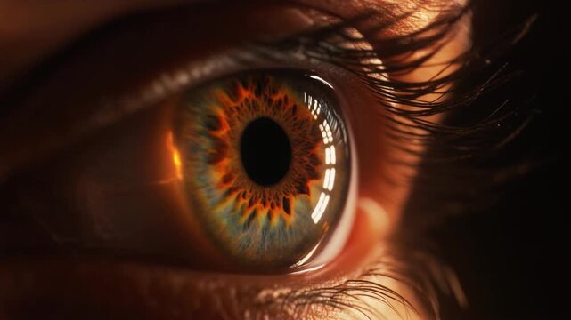 A close-up of an eye with vibrant iris colors and detailed eyelashes, captured in a dramatic close-up view.