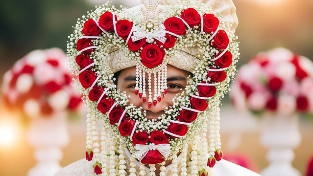Creative Red Rose Heart Frame on Groom Face for Marriage