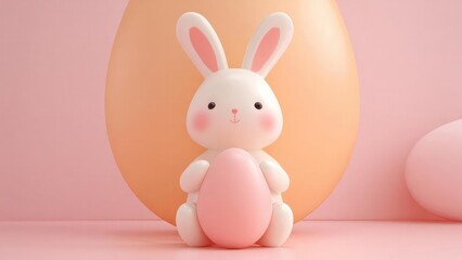 Obraz premium A cute white bunny sitting and holding a pastel pink Easter egg, with large peach-colored eggs in a soft pink background. Concept Easter Bunny Portraits, Peach-Colored Eggs, Soft Pink Background
