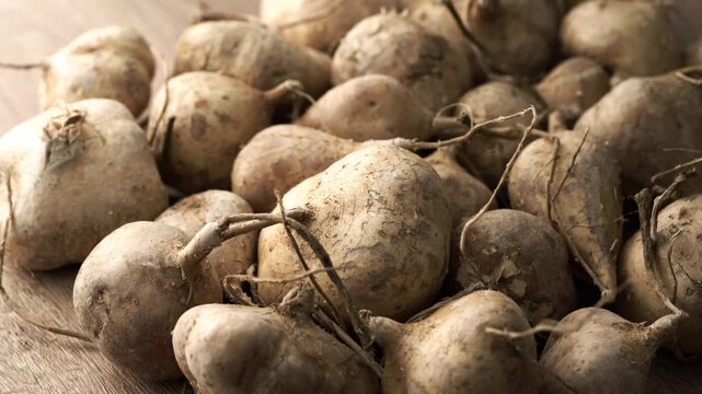 closeup pile of jicama or yam bean on wood table rotation turntable food video footage