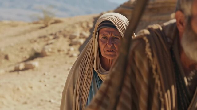 Old man and woman, biblical figures from the Old Testament, walking with staff through the desert