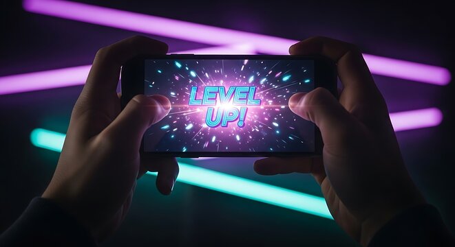 Person Playing Mobile Game with " Level Up" Message and Neon Lights gaming phone