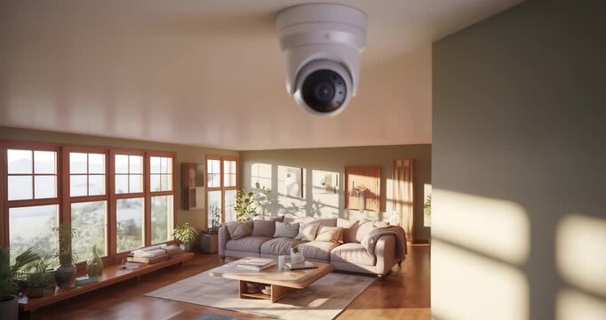 Modern security camera installed in a bright living room with large windows
