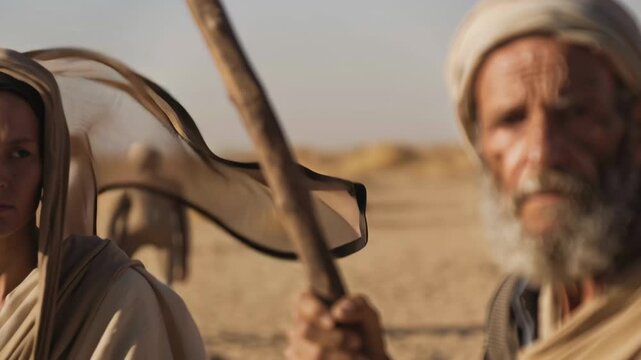 Elderly man with a beard and a woman in head covering travel through a desert landscape in biblical times