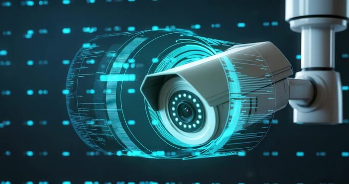 Modern security camera with futuristic digital interface and blue circuit lines