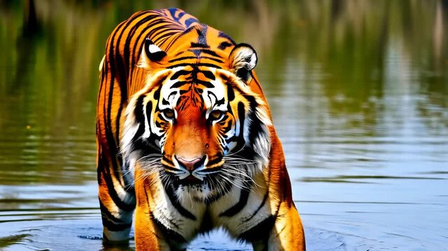 Tiger Walking Through Water in Natural Habitat
