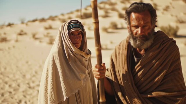 Ancient israeli man and woman stand close with a staff in arid desert for biblical history or spiritual journey