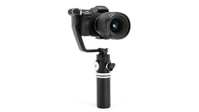 A camera (DSLR/mirrorless) mounted on a handheld three-axis motorized gimbal stabilizer. Concept Gimbal-stabilized handheld footage, DSLR/mirrorless on a 3-axis gimbal, Smooth cinematic motion shots