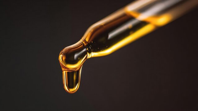 Close-up of a glass dropper dripping a droplet of golden amber oil. Concept Macro shot of oil drop, Glass dropper close-up, Golden amber oil, Scientific still life