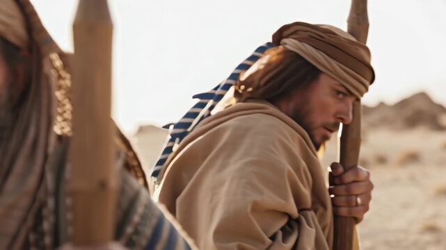 Close up of a biblical man in traditional desert attire with a staff, traveling through the arid wilderness, concept for ancient nomadic life