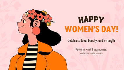 Vector illustration of woman with flowers. Happy Women's Day greeting card. 