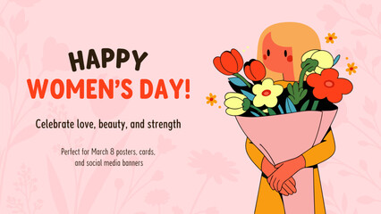 Vector illustration of woman with flowers. Happy Women's Day greeting card. 