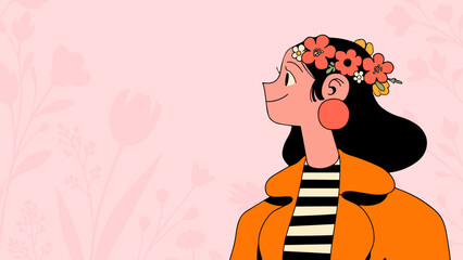Vector illustration of woman with flowers. Happy Women's Day greeting card. 