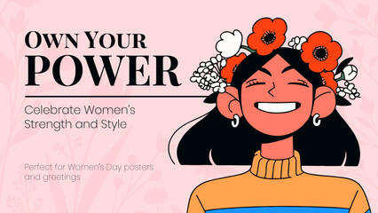Vector illustration of woman with flowers. Happy Women's Day greeting card. 