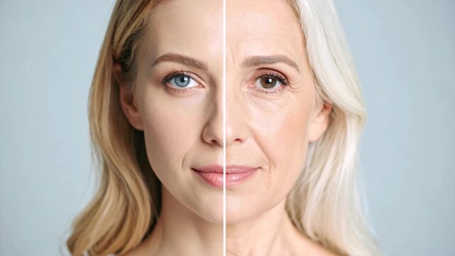 Split portrait of a woman showing two different ages with contrast in facial features