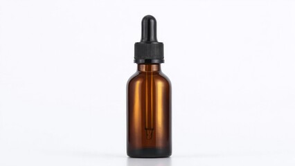Fototapeta premium Amber glass dropper bottle with a black cap and glass pipette. Concept Amber glass dropper bottle, Black cap, Glass pipette, Cosmetic packaging, Dispensing bottle