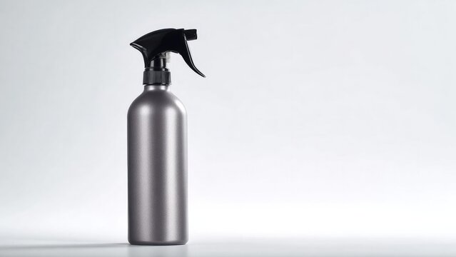 Metallic spray bottle with a black trigger sprayer against a light background. Concept Metallic spray bottle, Black trigger sprayer, Minimalist product shot, Light background, Shiny metal texture