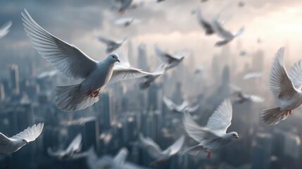 Fototapeta premium Aerial view of flock of doves soaring over city skyline urban landscape nature's serenity dynamic perspective peaceful flight