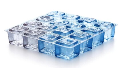 Fototapeta premium Blue-tinted ice cubes in a clear plastic ice tray. Concept Blue-tinted ice cubes, Clear plastic ice tray, Icy textures, Cold beverage aesthetics, Translucent blue ice