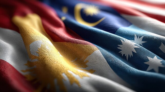 Vibrant asean flags fluttering together at event closeup shot colorful textiles outdoor setting dynamic perspective