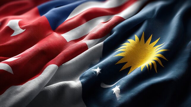 Closeup of asean flags fluttering together global unity cultural representation outdoor setting high-resolution perspective