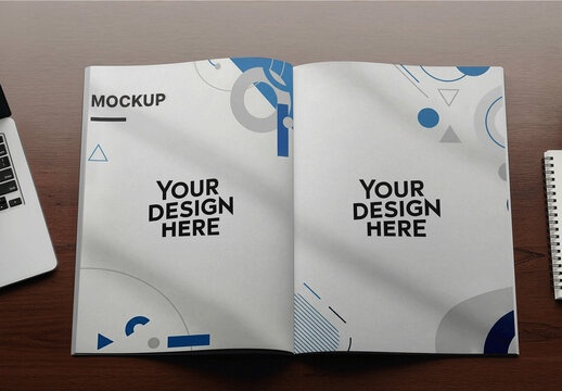 Open Notebook On Wooden Desk Mockup