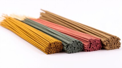 Obraz premium Colorful incense sticks arranged in bundles. Concept Colorful Incense Bundles, Aromatic Smoke, Ritual Decor, Vibrant Hues, Calming Atmosphere