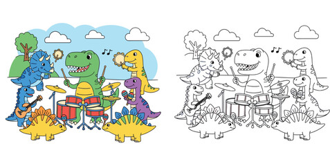 Cute cartoon dinosaurs playing musical instruments in a band, happy T-rex drummer and funny reptile friends concert illustration for kids. © MstSangita