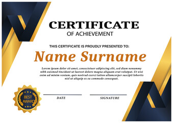Obraz premium Modern Navy Blue and Gold Certificate Template with Abstract Sharp Corner Borders