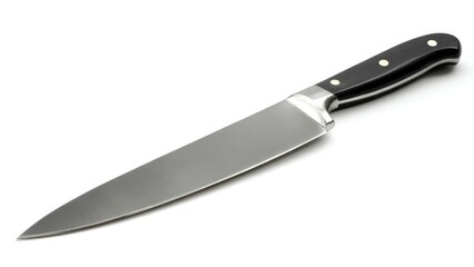 Fototapeta premium A large chef's knife with a black handle. Concept Chef Knife Close-Up, Large Stainless Blade, Black Handle, Kitchen Tools, Culinary Studio Shot