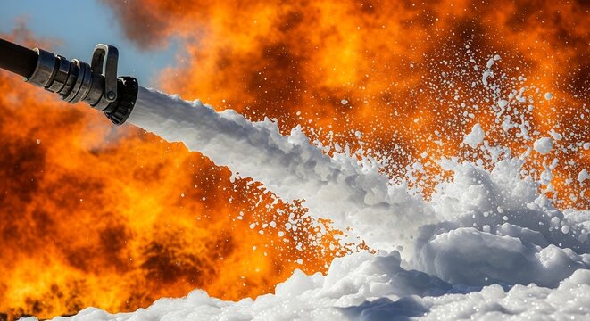 Firefighting foam sprayed onto flames during emergency response effort