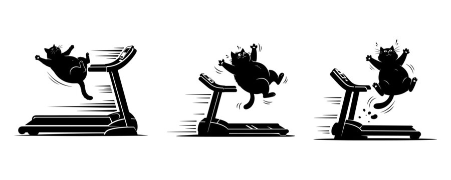 Set Of Funny Fat Cat Silhouettes Falling Off Treadmill Gym Humor Illustration