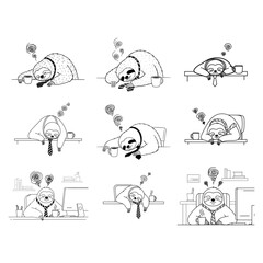 Obraz premium Set Of Funny Tired Sloth Businessmen Sleeping At Office Desk Line Art Illustration