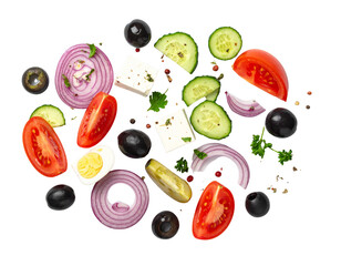  Top-Down Flat Lay of Greek Salad Ingredients Mixed Without Bowl, Minimal Composition, Isolated on Transparent Background