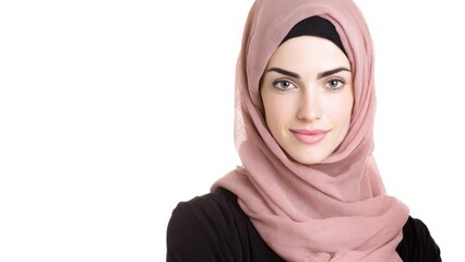 Smiling woman wearing a pink hijab and black top against a white background. Concept Smiling woman, Pink hijab fashion, Black top, Studio portrait, White background