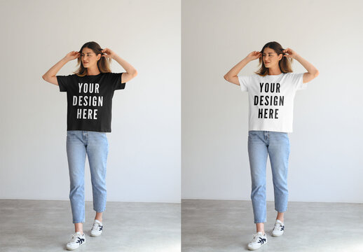 Mockup Of Woman Wearing Customized T-Shirt, Front View