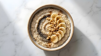 Bowl of oatmeal with banana slices walnuts and chia seeds on marble
