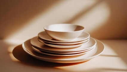 A stack of white ceramic bowls and plates arranged on a surface with warm lighting. Concept White Ceramic Tableware, Still Life Photography, Warm Lighting, Stacked Bowls, Minimalist Kitchen Decor