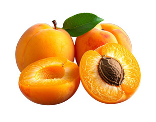  Ripe Apricot Whole and One Cut in Half, Front View with Visible Pit, Isolated on Transparent Background