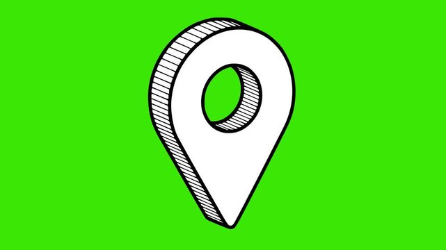 trendy location pin animation designed in black and white hand drawn style. isometric gps symbol on green screen chroma key background. high quality sketch element for navigation and travel project