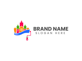 Obraz premium Minimal real estate logo design with painted house vector illustration for property business identity