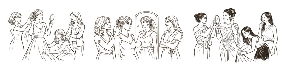 Fototapeta premium Bridesmaids helping bride get ready before wedding ceremony. Vector illustration