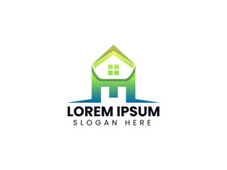 Fototapeta premium Real estate logo design with letter E and house symbol vector template