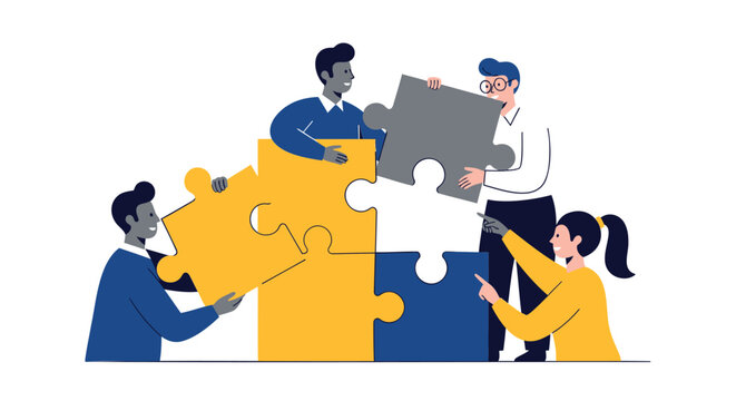 Diverse team members assembling puzzle pieces together in collaboration and partnership for problem solving and business success